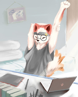anthro black_nose book clothing computer drawing_tablet electronics eyes_closed eyewear fur glasses grey_clothing grey_shirt grey_t-shirt grey_topwear laptop male orange_body orange_fur orange_tail red_body red_ears red_fur red_inner_ear round_glasses shirt solo stretching t-shirt tablet_pen tail topwear white_body white_fur white_tail x1aoyaoya canid canine canis mammal wolf 4:5 absurd_res hi_res signature