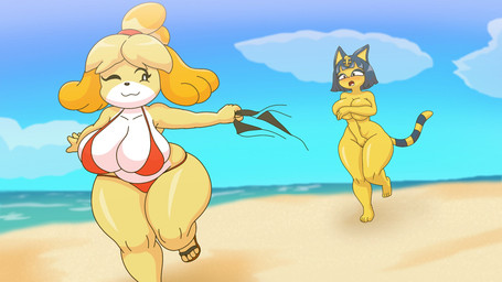anthro beach big_breasts black_eyes black_nose blue_body blue_eyeshadow blue_fur blue_hair blush breasts clothing clothing_theft cloud covering covering_breasts covering_crotch duo egyptian egyptian_clothing egyptian_headdress embarrassed eyelashes eyeshadow fangs female flip_flops floppy_ears footwear front_view fur hair huge_breasts lop_ears makeup markings navel open_mouth orange_clothing orange_swimwear sandals sea shoes short_hair sky smile stealing striped_markings striped_tail stripes swimwear tail tail_markings teeth thick_thighs water white_body white_fur wide_hips yellow_body yellow_fur chunkiroll_(artist) animal_crossing nintendo ankha_(animal_crossing) isabelle_(animal_crossing) canid canine canis domestic_cat domestic_dog felid feline felis mammal shih_tzu toy_dog 16:9 hi_res widescreen