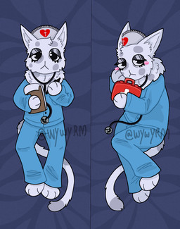 anthro blush clothed clothing dakimakura female fur looking_at_viewer lying nurse_clothing on_back simple_background solo tail uniform white_body white_fur wywyrm animal_hospital roblox head_nurse_(animal_hospital) domestic_cat felid feline felis mammal dakimakura_design digital_media_(artwork) hi_res