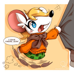 alternate_species anthro blonde_hair blue_eyes blush bottomwear brown_clothing brown_footwear brown_shoes buckteeth checkered checkered_bottomwear checkered_clothing checkered_skirt clothing dialogue duo female footwear fur furrification green_bottomwear green_clothing green_skirt hair inner_ear_fluff male male/female open_mouth open_smile orange_clothing orange_sweater orange_topwear pants pattern_bottomwear pattern_clothing pattern_skirt running shadow shoes skirt smile sweater teeth text tongue topwear tuft white_body white_fur unnotablejulz capcom resident_evil ashley_graham leon_kennedy moushley mammal mouse murid murine rodent 1:1 2023 artist_name comic dated english_text hi_res signature