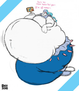 belly big_belly dialogue gender_symbol holding_object holding_sign looking_at_viewer male male_symbol morbidly_obese morbidly_obese_male navel obese obese_male overweight overweight_male sign smile smiling_at_viewer solo split_form symbol talking_to_viewer text dino.d.dice nintendo pokemon aquatic generation_7_pokemon merfolk pokemon_(species) primarina 2016 english_text hi_res signature