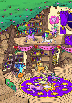 female feral golden_oaks_library group horn library mud_mask plant rug scroll tree wings babymus_tt friendship_is_magic hasbro my_little_pony mythology applejack_(mlp) fluttershy_(mlp) pinkie_pie_(mlp) rainbow_dash_(mlp) rarity_(mlp) spike_(mlp) twilight_sparkle_(mlp) dragon earth_pony equid equine horse mammal mythological_creature mythological_equine mythological_scalie pegasus pony scalie unicorn 2026 hi_res