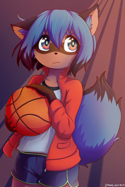 anthro ball basketball_(ball) blue_hair bottomwear clothed clothing facial_markings female female_anthro hair head_markings holding_ball holding_object inner_ear_fluff jacket markings mask_(marking) shirt short_hair shorts solo topwear tuft symbianl brand_new_animal studio_trigger michiru_kagemori canid canine mammal raccoon_dog tanuki 2020 2:3 digital_media_(artwork) hi_res signature