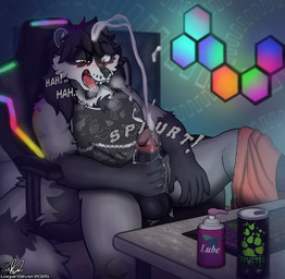 anthro balls bodily_fluids bottomless bottomwear bottomwear_down breath chair clothed clothing cum cum_string ejaculation furniture gaming_chair genital_fluids genitals humanoid_genitalia humanoid_penis lube lube_bottle male masturbation on_chair onomatopoeia orgasm panting pants pants_down pantsless partially_clothed penile penile_masturbation penis sitting sitting_on_chair solo sound_effects text topwear topwear_only logan_silver mammal procyonid raccoon hi_res