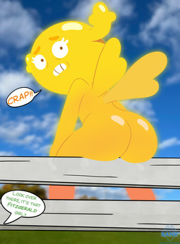 anthro antlers butt caught_in_the_act detailed_background dialogue embarrassed eyelashes female fence horn humiliation long_eyelashes looking_back public public_humiliation sitting_on_fence solo tear_trough text wings thedispenser69 cartoon_network the_amazing_world_of_gumball penny_fitzgerald fairy absurd_res english_text hi_res