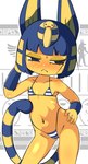 :< absurd_res animal_crossing ankha_(animal_crossing) anthro armor bikini blue_body blue_fur blue_hair blush bodily_fluids bracers clothing domestic_cat egyptian egyptian_clothing egyptian_headdress eyelashes felid feline felis female fur hair half-closed_eyes hand_on_head hand_on_hip hi_res hieroglyphics looking_away makeup mammal markings micro_bikini narrowed_eyes navel negipon nintendo pose solo standing striped_markings striped_tail stripes sweat swimwear tail tail_markings thigh_gap two-piece_swimsuit yellow_body yellow_fur