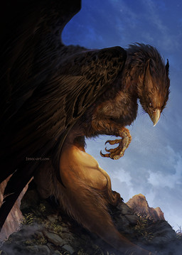 ambiguous_gender beak brown_body brown_feathers brown_fur claws cloud day detailed_feathers detailed_fur feathered_wings feathers feral finger_claws fur grass looking_at_viewer looking_back plant rear_view rock scuted_arms scutes sky solo tail text toe_claws wings yellow_eyes isvoc mythology avian gryphon mythological_avian mythological_creature detailed hi_res shaded url male_(lore)