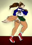 anthro bottomwear brown_hair clothing diaper feces female footwear hair jacket long_hair running scatplay school_uniform shoes skirt soiled_diaper soiling solo text topwear unclean_diaper uniform used_diaper camboody jenny_(powhatan) canid canine canis fox hybrid mammal wolf 2013 english_text