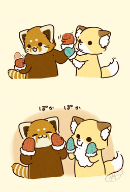 anthro black_eyes chibi clothing dot_eyes duo eyes_closed gloves handwear kemono open_mouth simple_background simple_eyes text shi_nominmin ailurid canid canine fox mammal red_panda 2024 hi_res japanese_text