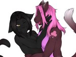 anthro black_body black_fur black_hair breast_size_difference breast_squish breasts clubs_(marking) clubs_(suit) dipstick_ears dipstick_tail duo ear_markings eyes_closed female female/female fur hair happy hug markings multicolored_ears one_eye_closed open_mouth pink_hair purple_body purple_fur size_difference squish suit_symbol tail tail_markings white_ear_tips white_tail_tip yellow_eyes miphassl nueva_delcatte tsuda_delcatte bombay_cat domestic_cat felid feline felis mammal 4:3 hi_res sibling_(lore) sister_(lore) sisters_(lore)