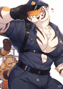 anthro belt big_muscles big_pecs blush bottomwear bulge clothed clothed_anthro clothing collared_shirt costume dress_shirt duo fully_clothed fully_clothed_anthro gloves handwear harness hat headgear headwear male male/male male_anthro muscular muscular_anthro muscular_male open_clothing open_shirt open_topwear pants pecs police police_hat police_officer police_uniform pose prison_cell prison_uniform prisoner shirt simple_background thick_thighs topwear undone_shirt uniform white_background wide_hips giraffe_(artist) lam-chan lion-san felid lion mammal pantherine tiger absurd_res hi_res