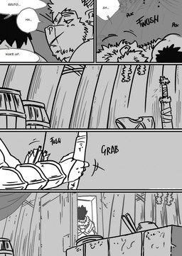 anthro bed clothed clothing dialogue duo facial_scar furniture hairy male male/male muscular muscular_male on_bed scar text weapon wounded husky92 european_mythology greek_mythology mythology bovid bovine humanoid mammal minotaur orc comic english_text hi_res monochrome multiple_scenes