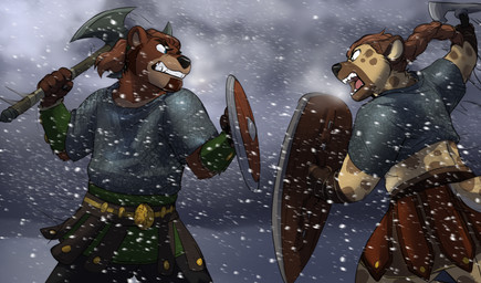 5_fingers anthro axe black_nose bottomwear brown_body brown_fur brown_hair chainmail claws clenched_teeth clothed clothed_anthro clothed_female clothed_male clothing duo fangs female fight finger_claws fingers fur hair hand_wraps humanoid_hands male markings nature open_mouth outside shield skirt snow snowing spots spotted_body spotted_fur teeth tongue wraps jailbird dark_raven red_leaja bear hyena mammal spotted_hyena 2023