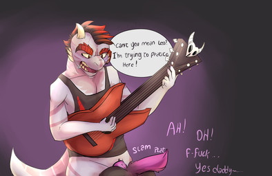 ambiguous_gender ambiguous_penetrated anal anal_penetration animal_genitalia anthro anthro_on_anthro anthro_penetrated anthro_penetrating anthro_penetrating_anthro daddy_kink dialogue distracted distracted_sex duo electric_guitar genitals guitar half_clothed horn interspecies male male/ambiguous male_penetrating male_penetrating_ambiguous moan multitasking musical_instrument open_mouth penetration playing_guitar playing_music plucked_string_instrument profanity sex simple_background smoking speech_bubble string_instrument text thekinkybear bart_addams skull_lizard lizard mammal reptile scalie 2019 comic english_text hi_res