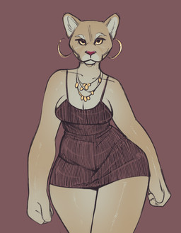 anthro breasts brown_background brown_body brown_fur cleavage clothed clothing dress ear_piercing ear_ring female fur gold_(metal) gold_ear_ring gold_jewelry gold_necklace hoop_ear_ring jewelry looking_at_viewer mature_anthro mature_female medium_breasts necklace piercing red_nose ring_piercing short_dress simple_background solo thick_thighs wide_hips not_enough_milk cougar felid feline mammal hi_res