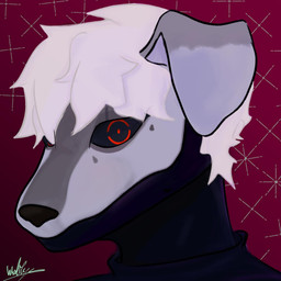 anthro brown_nose clothing cybernetics floppy_ears fur glowing glowing_eyes grey_body grey_fur hair latex latex_clothing machine male red_background red_eyes simple_background solo tight_clothing white_hair waltyzwaffles jimmu canid canine canis cyborg domestic_dog mammal 1:1 hi_res