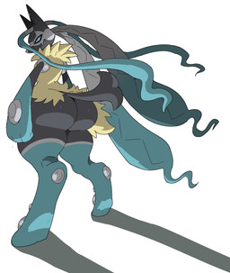 ambiguous_gender anthro big_butt blue_eyes butt looking_at_viewer looking_back multicolored_body nude solo thick_thighs wide_hips cyberlord1109 nintendo pokemon canid generation_9_pokemon mammal mega_evolution mega_lucario_z pokemon_(species) hi_res