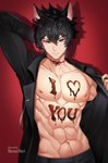 abs black_hair blue_eyes body_writing candy chocolate dessert food hair heterochromia holidays male muscular muscular_humanoid muscular_male pecs shadow solo nemuimori valentine's_day animal_humanoid cat_humanoid felid felid_humanoid feline feline_humanoid humanoid mammal mammal_humanoid 2023 hi_res