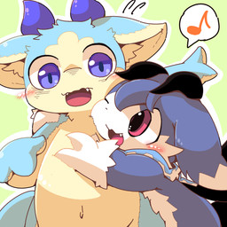 black_horn blue_body blush brown_outline countershading cute_fangs duo fangs green_background happy horn hug musical_note musical_symbol navel nude one_eye_closed open_mouth outline pink_eyes purple_eyes purple_horn simple_background slightly_chubby speech_bubble symbol teeth yellow_body yellow_countershading crepix 1:1 2015 digital_media_(artwork)