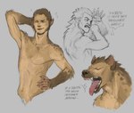 anthro brown_body brown_fur claws eyes_closed fur looking_at_viewer male nude simple_background solo text tongue tongue_out skitalets hybrid hyena mammal spotted_hyena werecreature werehyena cyrillic_text digital_media_(artwork) russian_text translation_request