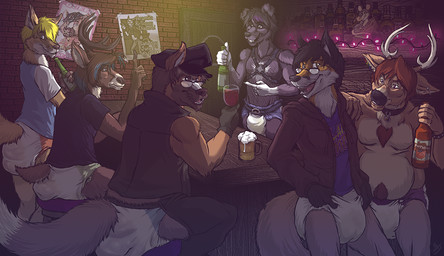 alcohol anthro antlers bar beer belt beverage bodily_fluids bracelet christmas_decorations christmas_lights clothed clothing diaper eyewear facial_markings feces genital_fluids glasses group hat head_markings headgear headwear hoodie horn humanoid_hands jewelry looking_at_viewer markings open_mouth scatplay shirt sitting soiled_diaper soiling standing teeth tongue topless topwear unclean_diaper urine used_diaper watersports wet_diaper wetting wine zemonkeygland species_request archived_source character_request