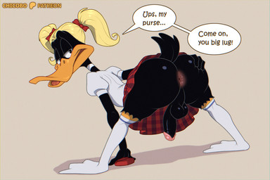 anthro anus backsack balls bent_over big_butt black_balls black_body black_feathers black_penis black_perineum blonde_hair bottomwear bubble_butt butt clothed clothing crossdressing dialogue erection feathers femboy footwear genitals hair huge_butt humanoid_genitalia humanoid_penis knee_highs knee_socks legwear male no_underwear pattern_bottomwear pattern_clothing pattern_skirt penis perineum pigtails pink_anus plaid plaid_bottomwear plaid_clothing plaid_skirt presenting presenting_hindquarters purse red_bottomwear red_clothing red_skirt shirt skirt socks solo speech_bubble text topwear upskirt white_clothing white_footwear white_shirt white_socks white_topwear wig chicobo looney_tunes warner_brothers daffy_duck anatid anseriform avian bird duck 2025 3:2 english_text