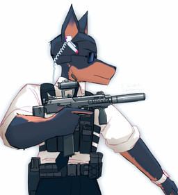 anthro black_body black_fur brown_body brown_fur clock clothing earpiece electronics eyewear fur gun male mp7 police police_officer radio ranged_weapon rolled_up_sleeves scope silencer solo sunglasses topwear vest watch weapon wristwatch dullanboi canid canine canis dobermann domestic_dog mammal pinscher hi_res