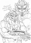 erection front_view futuristic_gun genitals gun holding_gun holding_object holding_ranged_weapon holding_weapon looking_at_viewer male muscular muscular_humanoid muscular_male nipples open_mouth penis pupils ranged_weapon ridged_penis simple_background slit_pupils solo text weapon crazydrak bioware electronic_arts mass_effect alien humanoid turian 2013 dated english_text hi_res monochrome sketch