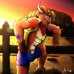 abs anthro bottomwear clothing cowboy cowboy_hat cowboy_outfit desert hat headgear headwear male muscular muscular_anthro muscular_male navel nipples overweight overweight_anthro overweight_male shorts solo sunset artietheartbull artie_(artietheartbull) bovid bovine cattle mammal 1:1