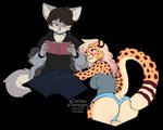 anthro big_breasts black_hair blonde_hair blush book breasts butt clothed clothing countershading duo female fur hair hand_in_pants long_hair male reading reading_book kittydee alexandra_(velocitycat) nicky_(nicky_illust) canid canine cheetah felid feline mammal 2021 alpha_channel digital_media_(artwork)