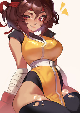anthro big_breasts breasts brown_hair butt clothing female hair looking_at_viewer red_eyes short_hair smile solo thick_thighs wide_hips suliavtuber gameoverse glitch_productions kit_bodega domestic_cat felid feline felis mammal absurd_res hi_res