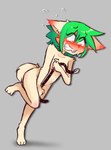 anthro belt blush breasts butt clenched_teeth covering covering_breasts covering_crotch covering_self embarrassed female fur green_hair hair hand_bikini nude simple_background solo tail teeth bullyableshiba jade_merigold_(magicbrabbit) canid canine fox mammal digital_media_(artwork)