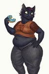 anthro belly big_belly big_butt bottomwear butt clothed clothing dessert doughnut eating female fingers food fur hair looking_aside looking_away navel notched_ear obese obese_anthro obese_female overweight overweight_anthro overweight_female pants pastry red_eyes shirt simple_background smile solo sprinkles standing t-shirt thick_thighs topwear cettus night_in_the_woods mae_borowski domestic_cat felid feline felis mammal 2020 digital_media_(artwork) hi_res