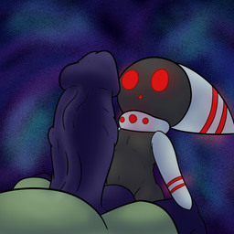 ambiguous_gender balls belly big_penis black_body black_skin clothed clothing collar collar_only dot_eyes duo genitals glowing glowing_eyes glowing_markings green_clothing hand_on_leg hand_on_partner hand_on_partner's_leg huge_penis humanoid_genitalia humanoid_penis looking_at_genitalia lying male male/ambiguous markings navel nude on_back open_mouth penis purple_body purple_penis red_eyes red_stripes simple_background simple_eyes simple_face size_difference slim stripes triangle_mouth vein veiny_penis wide_eyed wide_hips anoelotl nintendo super_smash_bros. humanoid poppant primid shadow_creature 1:1 colored digital_drawing_(artwork) digital_media_(artwork) hi_res shaded