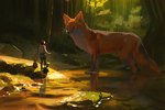2017 ambiguous_gender black_nose canid canine canis day detailed_background digital_media_(artwork) digital_painting_(artwork) domestic_dog female forest fox fur group hi_res human macro mammal moss orange_body orange_fur outside plant size_difference snatti89 standing tree water whiskers