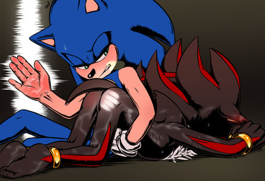 anthro bdsm black_body black_fur black_nose blue_body blue_fur blush bodily_fluids butt butt_slap chest_tuft clothing countershade_arms countershade_face countershade_torso countershading dominant dominant_male duo feet fur gloves green_eyes handwear humanoid_hands male male/male pain red_body red_butt red_fur simple_background slap spank_marks spanking submissive submissive_male sweat tan_body tan_countershading tan_skin tuft white_body white_fur krazyelf sega sonic_the_hedgehog_(series) shadow_the_hedgehog sonic_the_hedgehog eulipotyphlan hedgehog mammal hi_res