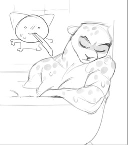 ambiguous_gender anthro bathing bathroom bathtub breasts broad_shoulders claw_foot_bathtub cleavage clothed clothing deltoids duo eyes_closed female muscular muscular_female nude pecs pecs_with_breasts relaxing water samovok dreamworks the_bad_guys kitty_kat_(the_bad_guys) felid feline mammal pantherine snow_leopard monochrome sketch