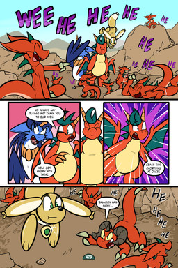 2_horns 4_panel_comic ambiguous_gender anthro balloon balloon_with_face belly biped blue_body blue_fur blue_hair blue_wings brown_body cheek_tuft claws day dialogue dot_pupils eyebrows eyelashes eyes_closed facepalm facial_tuft fangs feathered_wings feathers feral finger_claws floating fur gesture green_eyes group hair hand_gesture holding_melee_weapon holding_object holding_polearm holding_spear holding_weapon horn inflatable jewelry laugh looking_at_another lying melee_weapon motion_lines mountain on_front on_ground open_mouth open_smile orange_body outside page_number pendant pointing pointing_at_another polearm red_eyes rock scales sharp_teeth sitting sky smile spear standing teeth toe_claws tongue toony tuft weapon white_sclera wings yellow_sclera virmir mythology renbrand roko_kirihoko saida animate_inanimate canid canine couatl dragon feathered_scalie feathered_snake fox kobold living_inflatable mammal mythological_creature mythological_scalie reptile scalie snake 2026 2:3 absurd_res comic hi_res signature female_(lore) male_(lore)