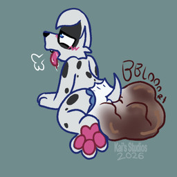all_fours ambiguous_gender anthro big_diaper blush bodily_fluids breath clothed clothing diaper drooling feces huge_diaper looking_pleasured saliva solo sound_effects tail text tongue tongue_out unclean_diaper wearing_diaper young kais_studios spot_(kais_studios) canid canine canis dalmatian domestic_dog mammal 1:1 2026 absurd_res hi_res male_(lore)