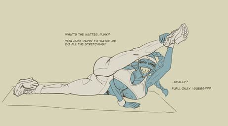 anthro big_breasts bottomwear bra breasts cleavage clothed clothing dialogue female huge_breasts pants raised_leg sharp_teeth side_boob skimpy smile sports_bra stretching teeth text under_boob underwear yoga yoga_pants putricia deltarune undertale undertale_(series) undyne aquatic fish absurd_res digital_drawing_(artwork) digital_media_(artwork) english_text hi_res