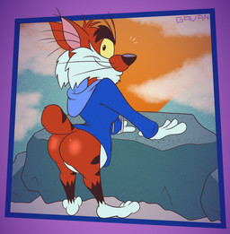 3_toes 4_fingers anthro belly big_butt biped black_eyebrows black_nose black_stripes blue_clothing blue_jacket blue_topwear bottomless bottomless_anthro bottomless_male bubble_butt butt butt_focus cheek_tuft chest_tuft chin_tuft clothed clothing cloud cloudy_sky curvy_figure eyebrows facial_tuft feet fingers fur glance glancing_back gloves_(marking) head_tuft humanoid_feet humanoid_heel jacket jacket_only leaning_on_rock leg_markings lines_drawn looking_at_viewer looking_back looking_back_at_viewer male markings mountain orange_body orange_fur outside plantigrade pose rear_view scut_tail short_tail sky skyscape slightly_chubby slightly_chubby_anthro slightly_chubby_male small_tail smile smiling_at_viewer socks_(marking) solo standing striped_body striped_fur striped_markings striped_tail stripes sunset tail tail_markings thick_eyebrows toes topwear topwear_only tuft whiskers white_belly white_body white_feet white_fur white_hands wide_hips winter yellow_sclera gavanzude adventures_from_the_book_of_virtues pbs socrates_the_bobcat bobcat felid feline lynx mammal 2025 alternate_version_at_paywall colored digital_drawing_(artwork) digital_media_(artwork) flat_colors hi_res pinup signature warm_colors