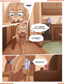 anthro apartment appliance blue_eyes brown_body brown_fur clothing container cookie_jar depression electronics female fridge fur furniture inner_monologue inside jar kitchen_appliance phone pink_outfit plushie sink sofa solo text thinking paddedulf elaina_(paddedulf) fan_character lagomorph leporid mammal rabbit comic english_text
