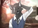 anthro black_body black_fur blurred_background building clothing eyes_closed fur hand_behind_head inner_ear_fluff looking_at_viewer necktie school_uniform smile student teeth tuft uniform angiewolf kinsowolf canid canine canis mammal wolf 2022 hi_res signature