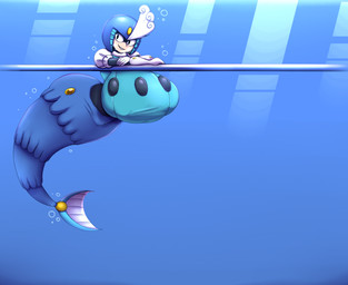 armor big_breasts blue_background breasts female headgear helmet huge_breasts simple_background solo split_form underwater water elfdrago megaman_(classic) splash_woman aquatic merfolk 2025 digital_media_(artwork) hi_res