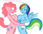 anthro anthrofied big_breasts blue_body blue_feathers blue_fur breast_squish breasts breasts_frottage cutie_mark dialogue duo eye_contact feathered_wings feathers female female/female fur hair hug looking_at_another multicolored_hair multicolored_tail pink_body pink_hair rainbow_hair rainbow_tail side_boob side_view simple_background smile smirk squish tail text tongue tongue_out white_background wing_boner wings unknown_artist flockdraw friendship_is_magic hasbro my_little_pony mythology pinkie_pie_(mlp) rainbow_dash_(mlp) earth_pony equid equine horse mammal mythological_creature mythological_equine pegasus pony english_text