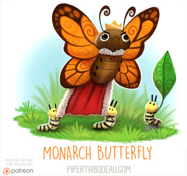 ambiguous_gender antennae_(anatomy) black_eyes cape clothing crown dot_eyes feral floating grass group headgear humor insect_wings leaf plant pun royalty simple_eyes visual_pun wings piper_thibodeau arthropod butterfly caterpillar insect larva lepidopteran monarch_butterfly digital_media_(artwork) digital_painting_(artwork) painting_(artwork)