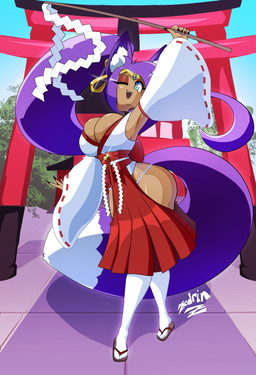 asian_clothing big_breasts blue_eyes breasts bulging_breasts clothing cosplay dark_body dark_skin day east_asian_clothing eyelashes female footwear fundoshi hair hip_vent japanese_clothing long_hair looking_at_viewer miko_outfit one_eye_closed open_mouth outside plant ponytail purple_hair purple_tail sky smile socks solo standing tail torii tree underwear white_clothing white_footwear white_socks wide_hips wide_sleeves wink zedrin shantae_(series) touhou wayforward reimu_hakurei shantae animal_humanoid canid canid_humanoid canine canine_humanoid fox_humanoid humanoid mammal mammal_humanoid hi_res