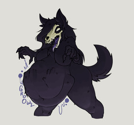abdominal_bulge ambiguous_gender ambiguous_prey anthro anthro_pred belly big_belly big_breasts black_body black_fur black_hair bodily_fluids bone breasts featureless_breasts female female_pred fur hair hand_imprint huge_belly hyper hyper_belly imprint nails navel onomatopoeia overweight overweight_anthro overweight_female purple_tongue rumbling_stomach saliva sharp_nails sharp_teeth simple_background skull skull_head solo sound_effects tail teeth text thick_thighs tongue tongue_out vore white_eyes butterly scp_foundation scp-1471-a canid canine canis malo mammal skulldog_(species) wolf 2024 digital_drawing_(artwork) digital_media_(artwork)