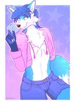 2020 abstract_background anthro blue_body blue_fur bottomwear canid canine cel_shading chest_fur clothing condom digital_media_(artwork) femboy fox fur hair hi_res holding_condom holding_object hoodie jf-049 john_frostfox looking_at_viewer male mammal sexual_barrier_device shaded shorts sitting smile smiling_at_viewer solo topwear white_body white_fur