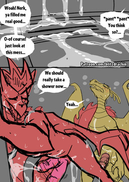 anthro bodily_fluids claws cum cum_on_chest cum_on_face dialogue ejaculation genital_fluids genitals linked_speech_bubble male male/male penis shower speech_bubble text wings blitzdrachin conditional_dnp american_dragon:_jake_long disney mythology fred_nerk jake_long dragon mythological_creature mythological_scalie scalie comic digital_drawing_(artwork) digital_media_(artwork) english_text
